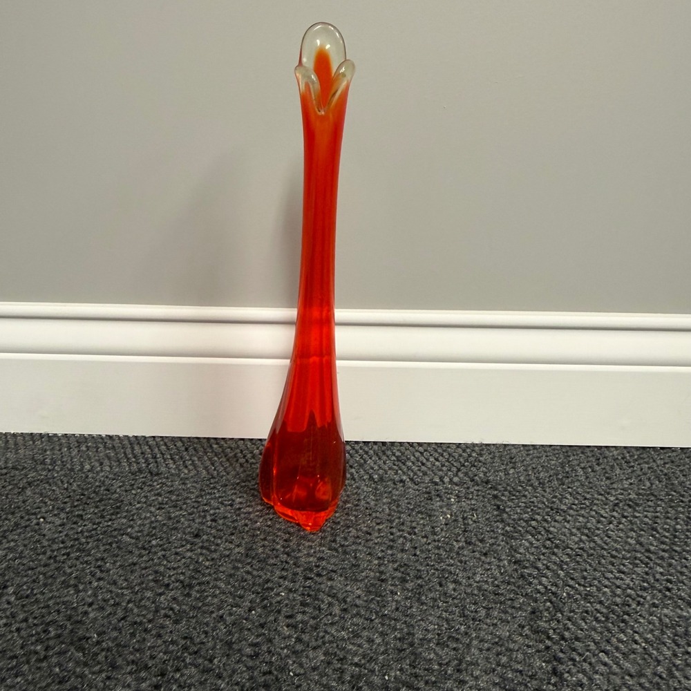 Vintage Mid Century Modern Orange Swung Glass Vase 12.75" Pulled Rim Art Glass